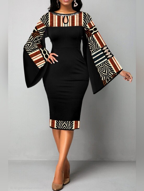 Dresses & Skirts - Black Boho Tribal Print Bell Sleeve Maxi Dress Size Small NWOT